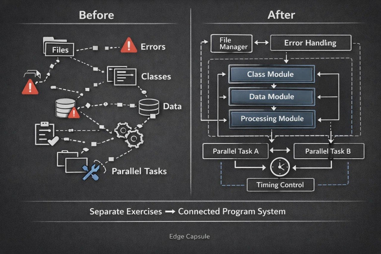 A chalkboard-style comparison diagram labeled 'Before' and 'After' showing a program workflow. The left side depicts a loose, error-prone file and class-based system with dashed connections and warning icons.