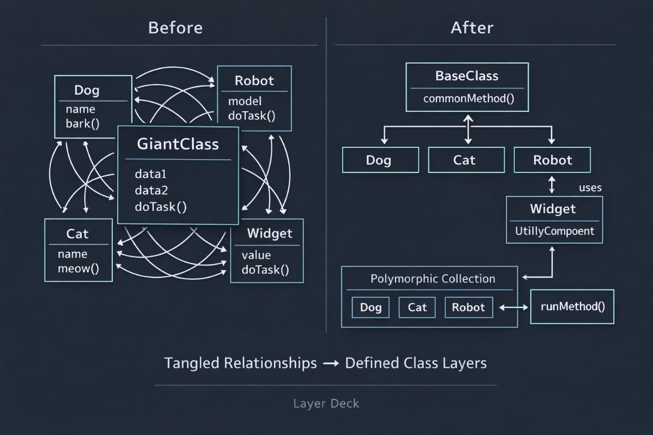 A dark-themed diagram comparing a tangled class hierarchy before and after using a Layer Deck. The left side shows tangled relationships between Dog, Cat, Robot, and a GiantClass.