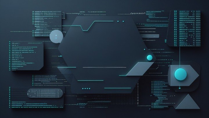 A dark futuristic digital interface composition with layered geometric panels, glowing cyan lines, and code-like text elements on a black background.