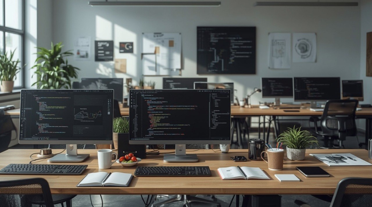 A modern coding office workspace with multiple wooden desks, black computer monitors displaying code, keyboards, notebooks, mugs, and potted plants in a bright room with large windows.