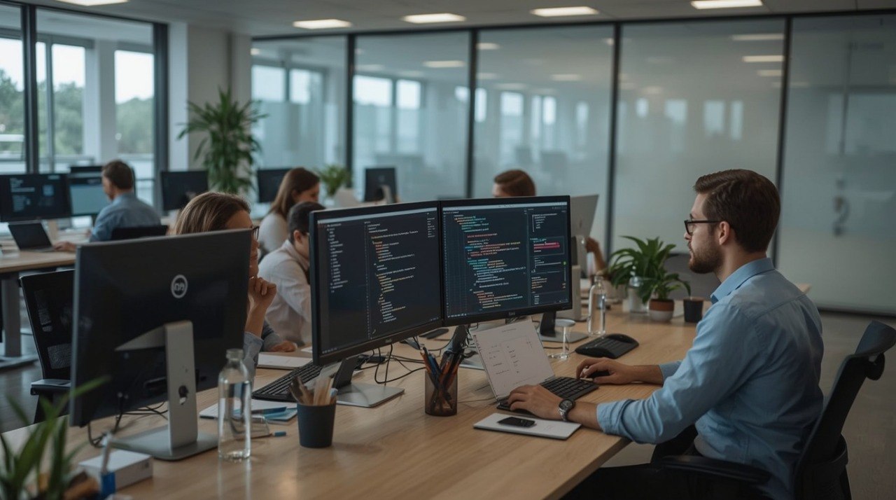 A man in a light blue shirt and glasses sits at a desk in a modern office, working on multiple computer monitors displaying code. Other office workers are visible in the background.