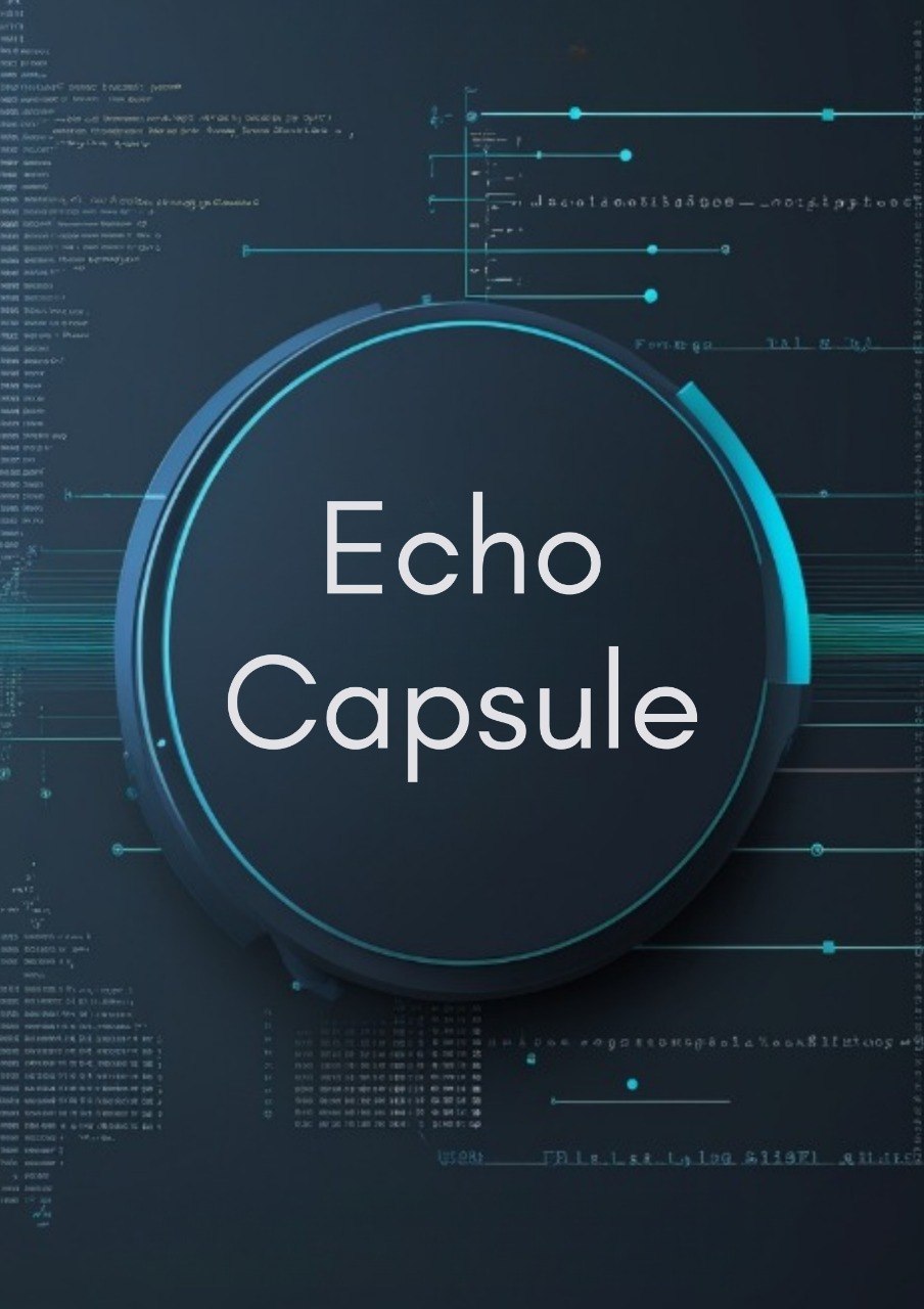 A dark circular product graphic with the words 'Echo Capsule' in white text, set against a futuristic dark blue background with glowing cyan lines and faint code-like graphics.