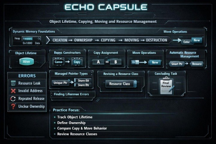 A dark digital interface screenshot titled 'ECHO CAPSULE' with panels for object lifetime, copying, moving, and resource management, plus error icons and a practice focus section.