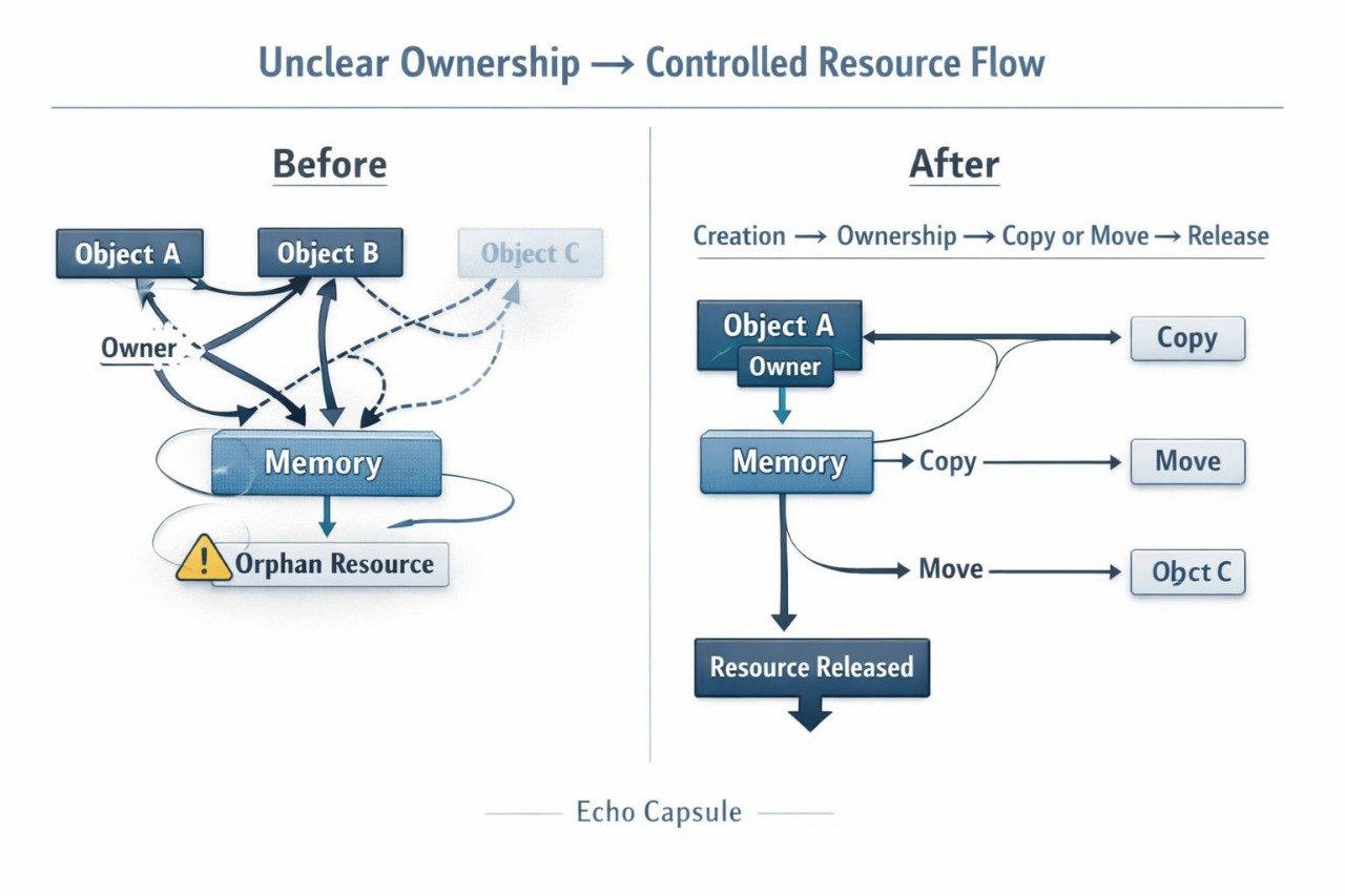 A diagram titled 'Unclear Ownership -> Controlled Resource Flow' comparing a 'Before' state with an 'After' state. The left side shows multiple objects (Object A, Object B, Object C) with arrows pointing to a central 'Memory' block and a yellow warning icon labeled 'Orphan Resource.