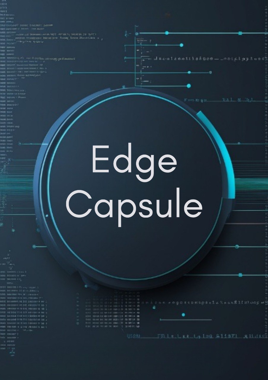 A circular dark gray product labeled 'Edge Capsule' with white text, centered on a dark blue background with glowing cyan lines and faint technical interface graphics.