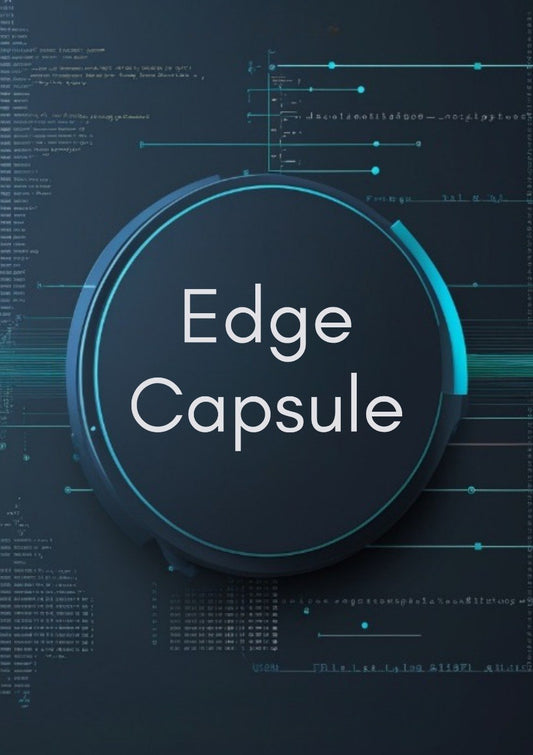 A circular dark gray product labeled 'Edge Capsule' with white text, centered on a dark blue background with glowing cyan lines and faint technical interface graphics.