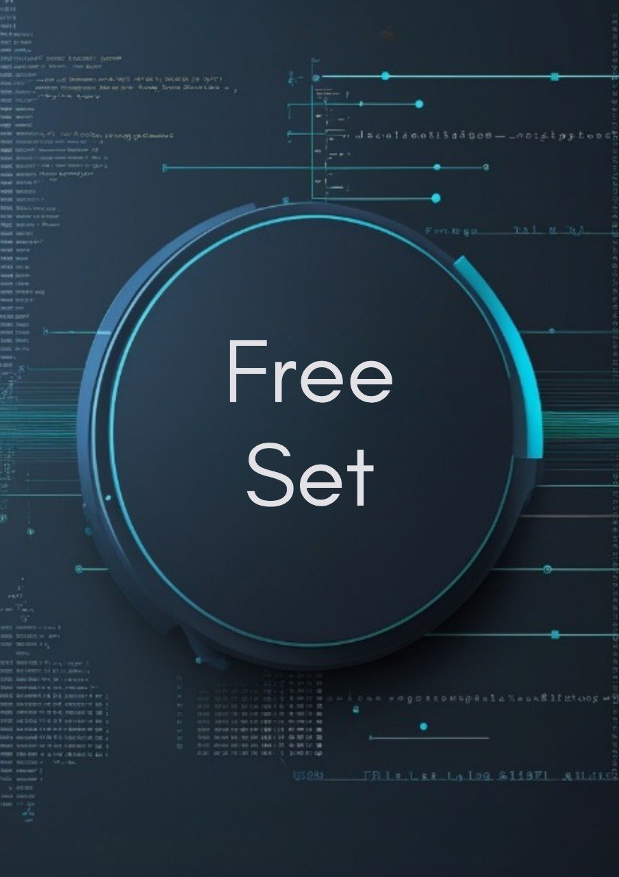 A digital graphic featuring a dark circular badge with the words 'Free Set' in white text, set against a dark blue background with glowing cyan lines and faint code-like text.