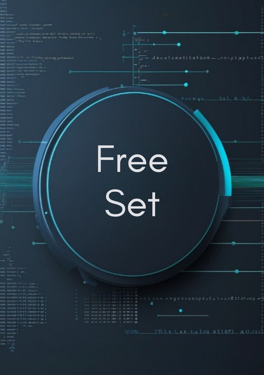 A digital graphic featuring a dark circular badge with the words 'Free Set' in white text, set against a dark blue background with glowing cyan lines and faint code-like text.