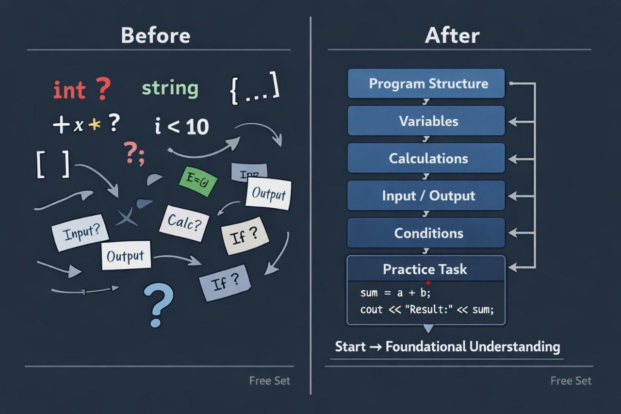 An educational comparison graphic titled 'Before' and 'After' on a dark blue chalkboard-style background. The left side shows a loose, informal programming flow with code snippets, arrows, and labels like input, output, and if.