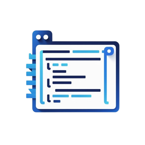 A flat vector icon of a computer monitor displaying code or terminal text, with blue and navy elements on a white background.