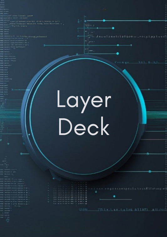 A dark circular product labeled 'Layer Deck' with glowing cyan accents, centered on a tech-style digital background with code and circuit graphics.