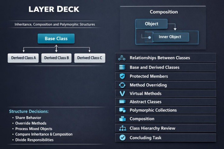 A dark blue educational infographic titled 'Layer Deck' about inheritance, composition, and polymorphic structures in object-oriented programming, with boxes and a checklist of topics.