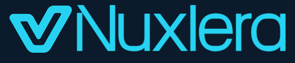 The Nuxlera brand logo in bright cyan blue on a solid black background.