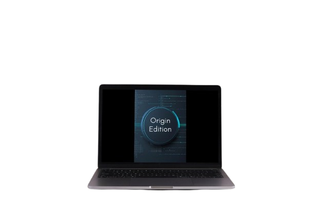 A dark gray laptop shown open and centered on a plain white background, with the screen displaying a dark graphic that reads 'Origin Edition'.
