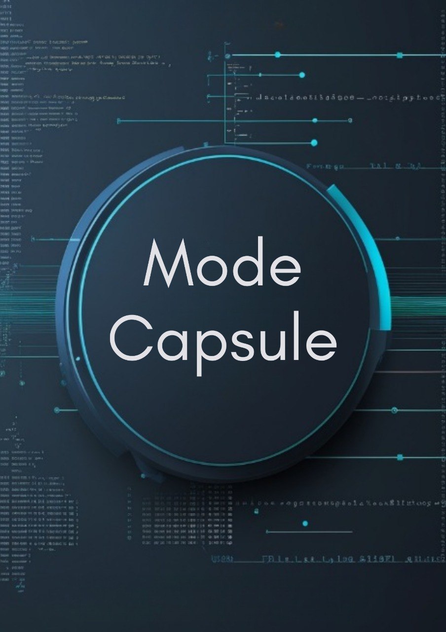 A dark circular product package labeled 'Mode Capsule' in white text, centered on a futuristic dark blue background with glowing cyan lines and faint code-like graphics.
