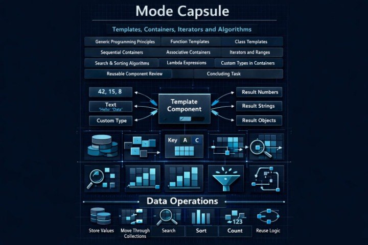 A dark navy blue infographic titled 'Mode Capsule' showing technical template, container, iterator, and algorithm concepts with glowing blue UI-style icons and text blocks.
