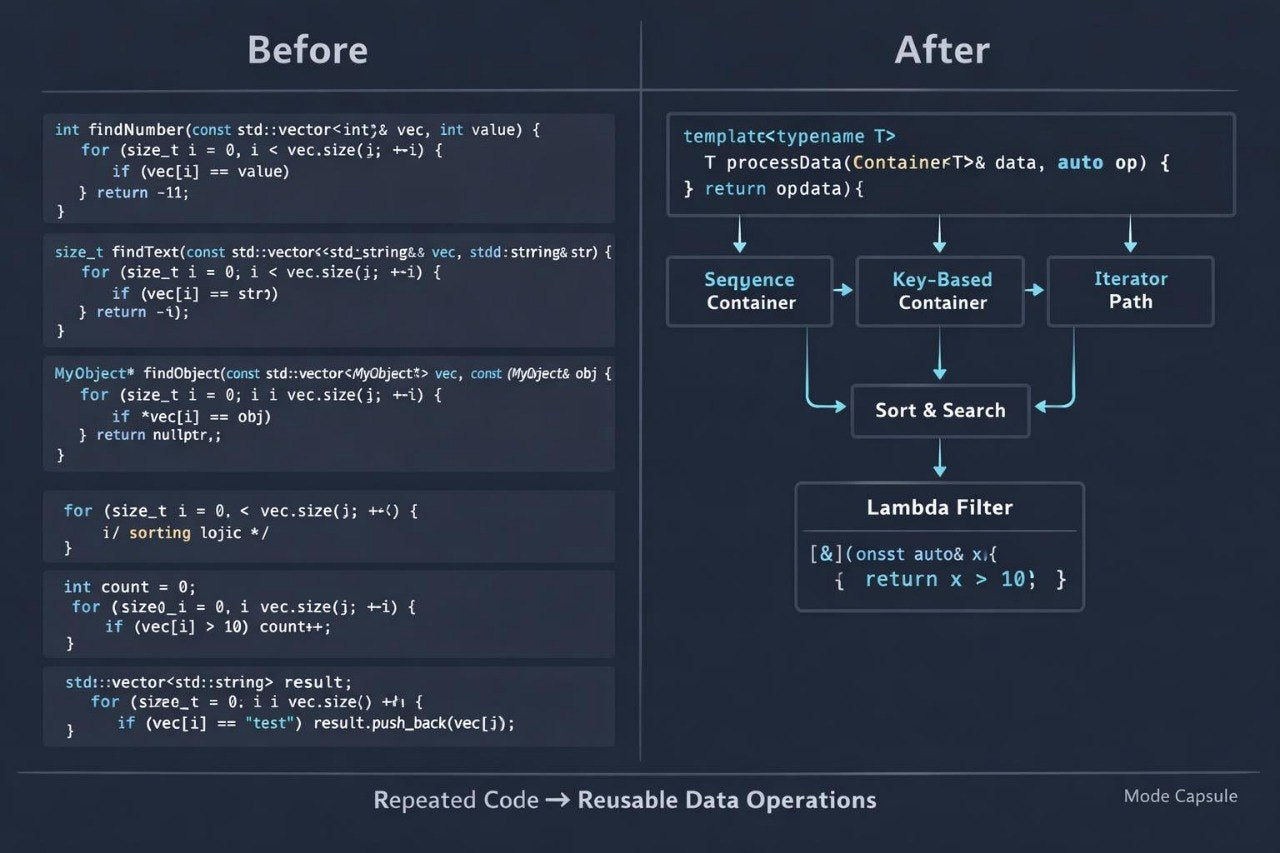 A dark presentation slide comparing 'Before' and 'After' code reuse with C++ vector operations. The left 'Before' column shows repeated manual code for finding an object in a vector.