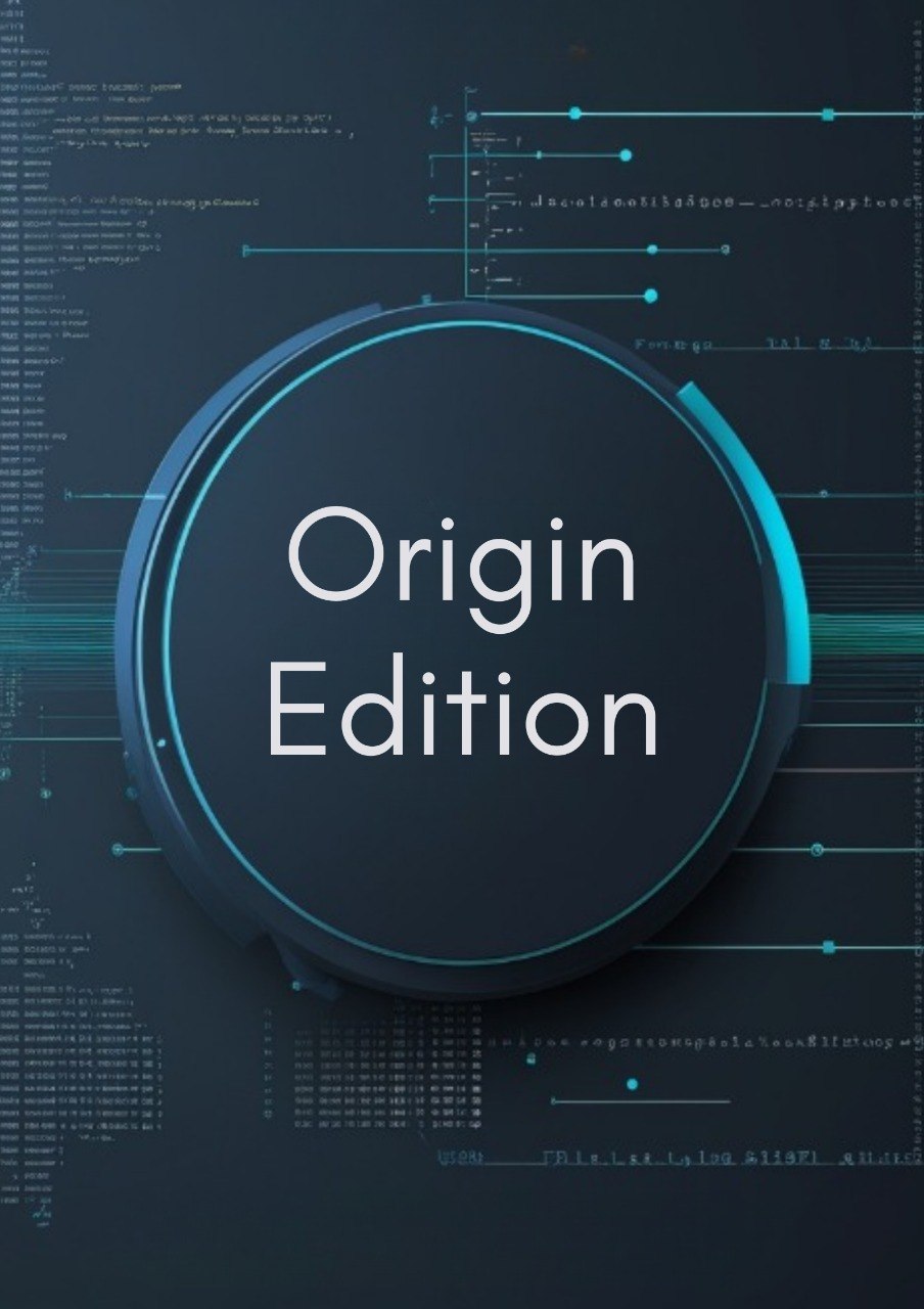 A dark circular badge or medallion with the words 'Origin Edition' in white text, centered on a futuristic dark blue background with glowing cyan lines and faint code-like graphics.