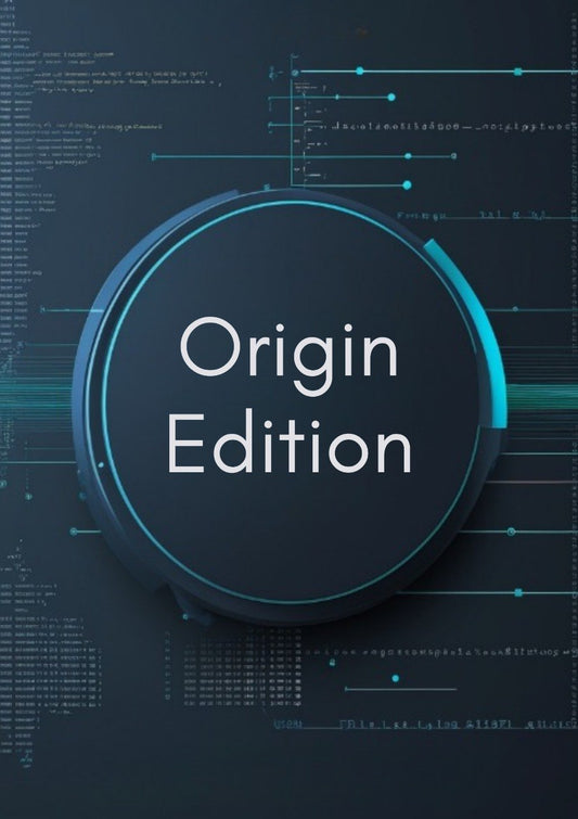 A dark circular badge or medallion with the words 'Origin Edition' in white text, centered on a futuristic dark blue background with glowing cyan lines and faint code-like graphics.