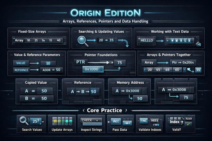 A digital graphic titled 'ORIGIN EDITION' showing a dark blue and black interface with multiple labeled panels about arrays, references, pointers, and data handling, likely a software or educational concept image.