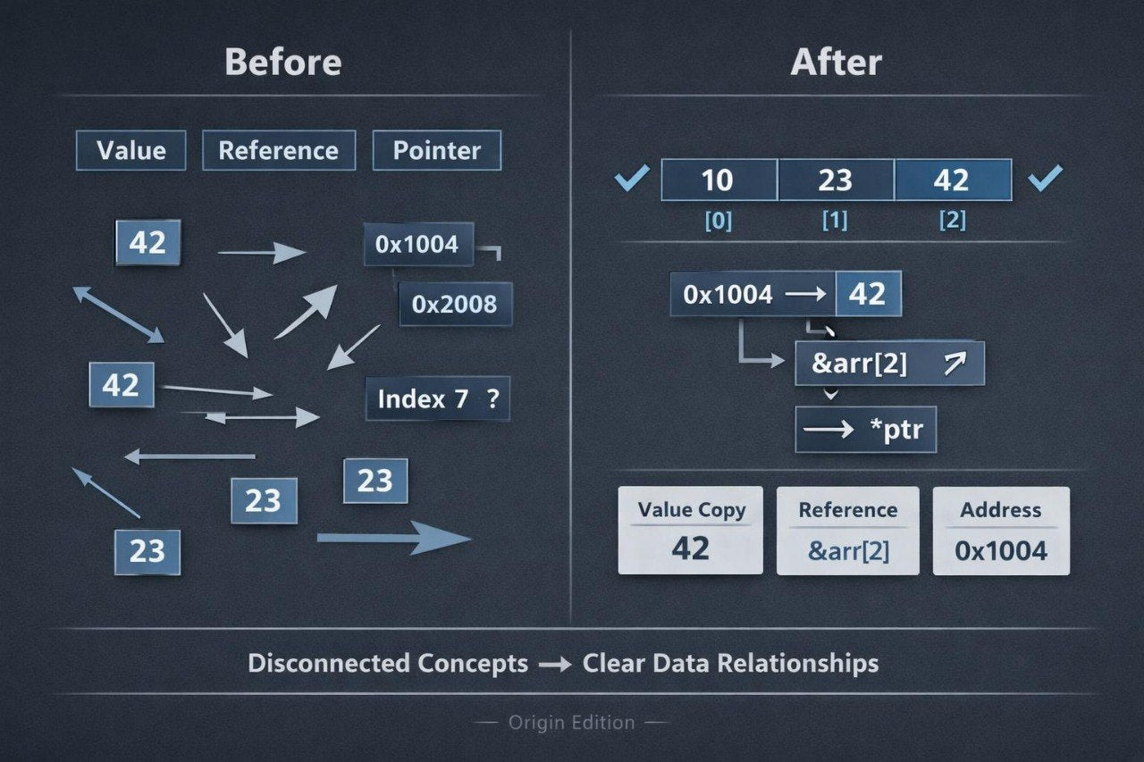 A dark slate-blue educational diagram comparing 'Before' and 'After' states of pointer and reference concepts. The left 'Before' section uses arrows and boxes to illustrate disconnected concepts like value, reference, and pointer, with example memory addresses.