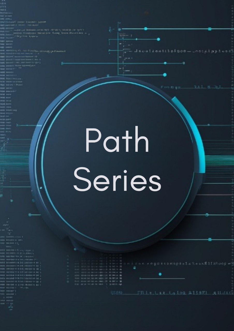 A digital cover graphic for 'Path Series' featuring a dark circular emblem with white text, set against a dark blue background with glowing cyan digital interface lines and code.