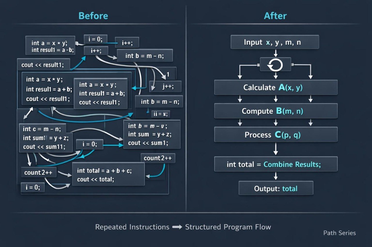 A dark blue educational diagram comparing 'Before' and 'After' structured programming flow. The left 'Before' section shows unstructured, hand-written style pseudocode with arrows and comments.