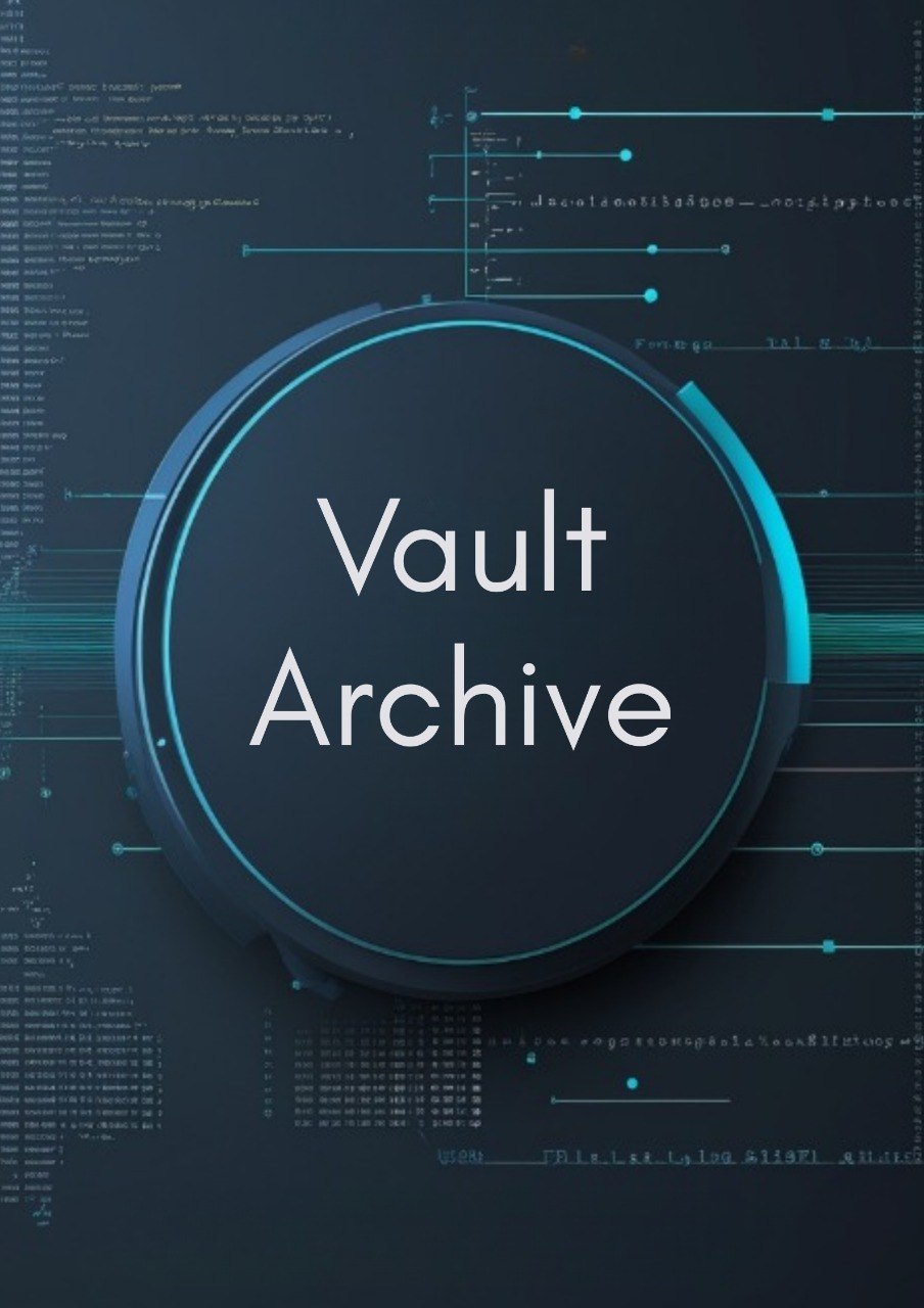 A digital cover graphic featuring the words 'Vault Archive' in white sans-serif text inside a dark circular badge, set against a dark blue background with glowing cyan technical interface lines and code-like text.