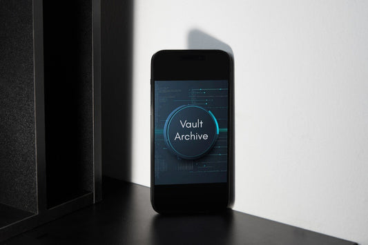 A black smartphone standing upright on a dark surface against a white wall, displaying the Vault Archive app logo on its screen.