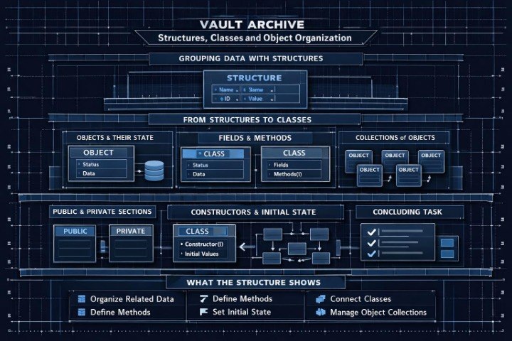 A dark blue technical-style diagram titled 'VAULT ARCHIVE' explaining object-oriented data organization, with sections on grouping data with structures, from structures to classes, public and private sections, constructors and initial state, and a legend at the bottom.