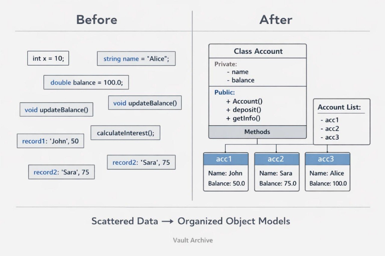 A comparison diagram labeled 'Before' and 'After' showing scattered data blocks on the left and organized object model boxes on the right, with the text 'Scattered Data -> Organized Object Models' and 'Vault Archive' at the bottom.