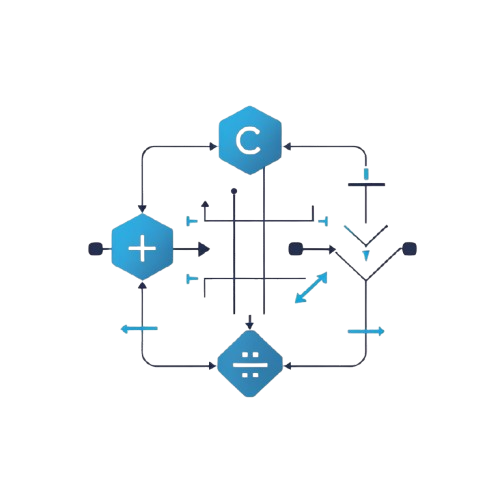 A minimalist blue and black flowchart diagram on a white background, featuring geometric shapes and arrows with symbols including a plus sign, a letter C, a minus sign, and a division symbol.