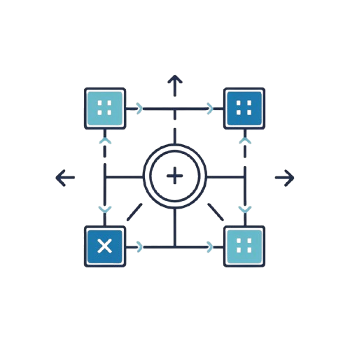 A minimalist vector diagram on a white background, featuring a central circle with a plus sign and four surrounding boxes connected by arrows. Two boxes are blue, one is light blue, and one is dark blue with a white cross.