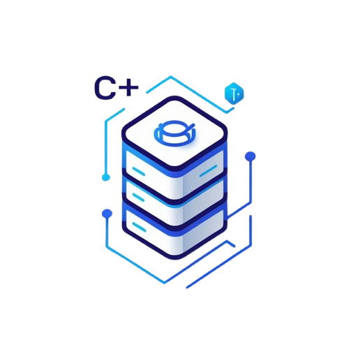 Blue and white vector icon of a server stack with 'C+' text and circuit lines on a white background.