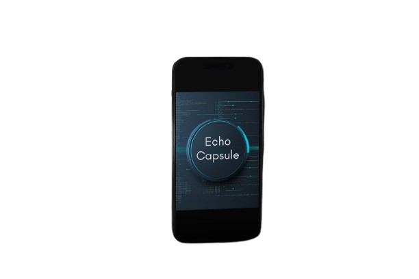 A black smartphone centered on a plain white background, displaying a dark blue and black interface with a circular badge that reads 'Echo Capsule'.